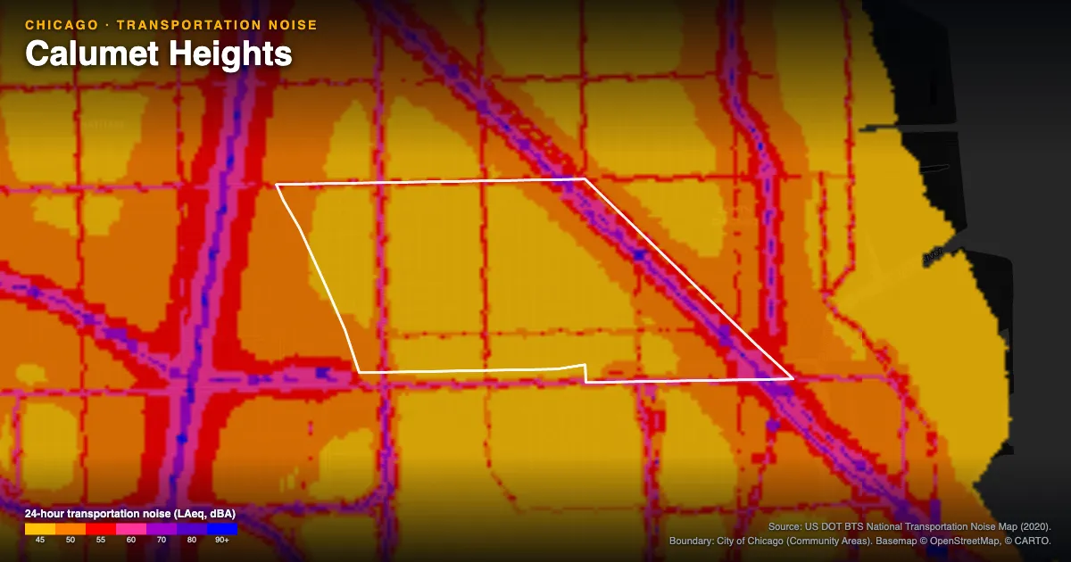Transportation-noise map of Calumet Heights, Chicago: the neighborhood outlined in white over modeled road, rail and aircraft noise, colored from amber (about 45 dBA) through red and purple to blue (90 dBA and up).