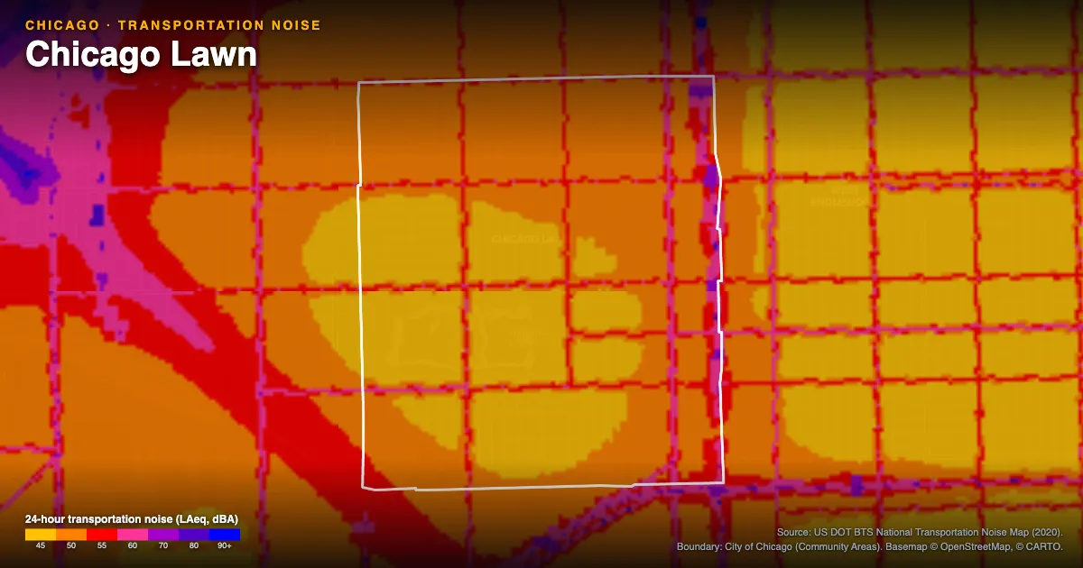 Transportation-noise map of Chicago Lawn, Chicago: the neighborhood outlined in white over modeled road, rail and aircraft noise, colored from amber (about 45 dBA) through red and purple to blue (90 dBA and up).