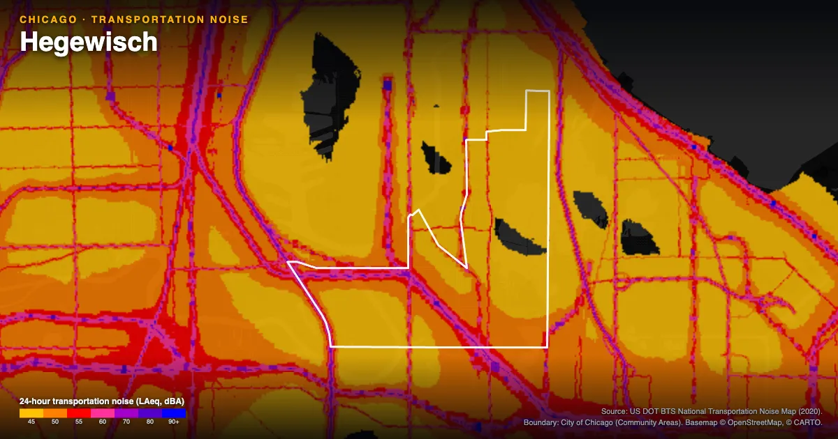Transportation-noise map of Hegewisch, Chicago: the neighborhood outlined in white over modeled road, rail and aircraft noise, colored from amber (about 45 dBA) through red and purple to blue (90 dBA and up).