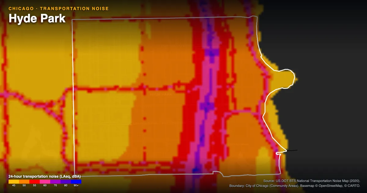 Transportation-noise map of Hyde Park, Chicago: the neighborhood outlined in white over modeled road, rail and aircraft noise, colored from amber (about 45 dBA) through red and purple to blue (90 dBA and up).