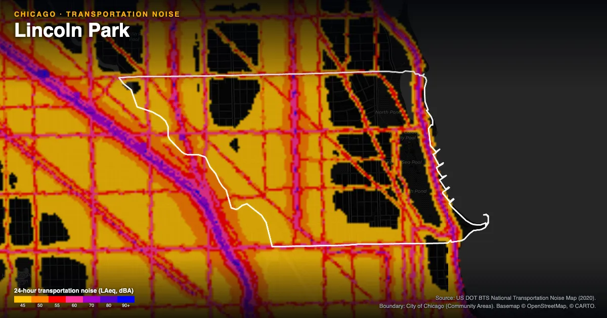 Transportation-noise map of Lincoln Park, Chicago: the neighborhood outlined in white over modeled road, rail and aircraft noise, colored from amber (about 45 dBA) through red and purple to blue (90 dBA and up).