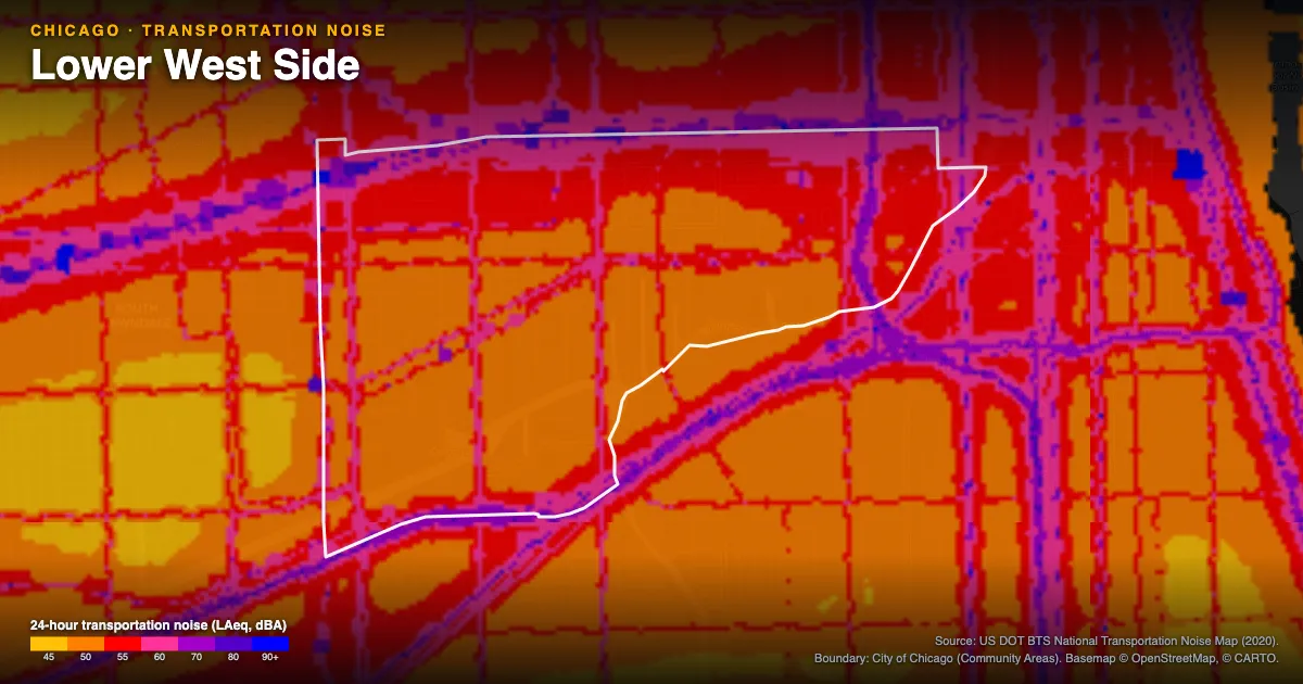 Transportation-noise map of Lower West Side, Chicago: the neighborhood outlined in white over modeled road, rail and aircraft noise, colored from amber (about 45 dBA) through red and purple to blue (90 dBA and up).