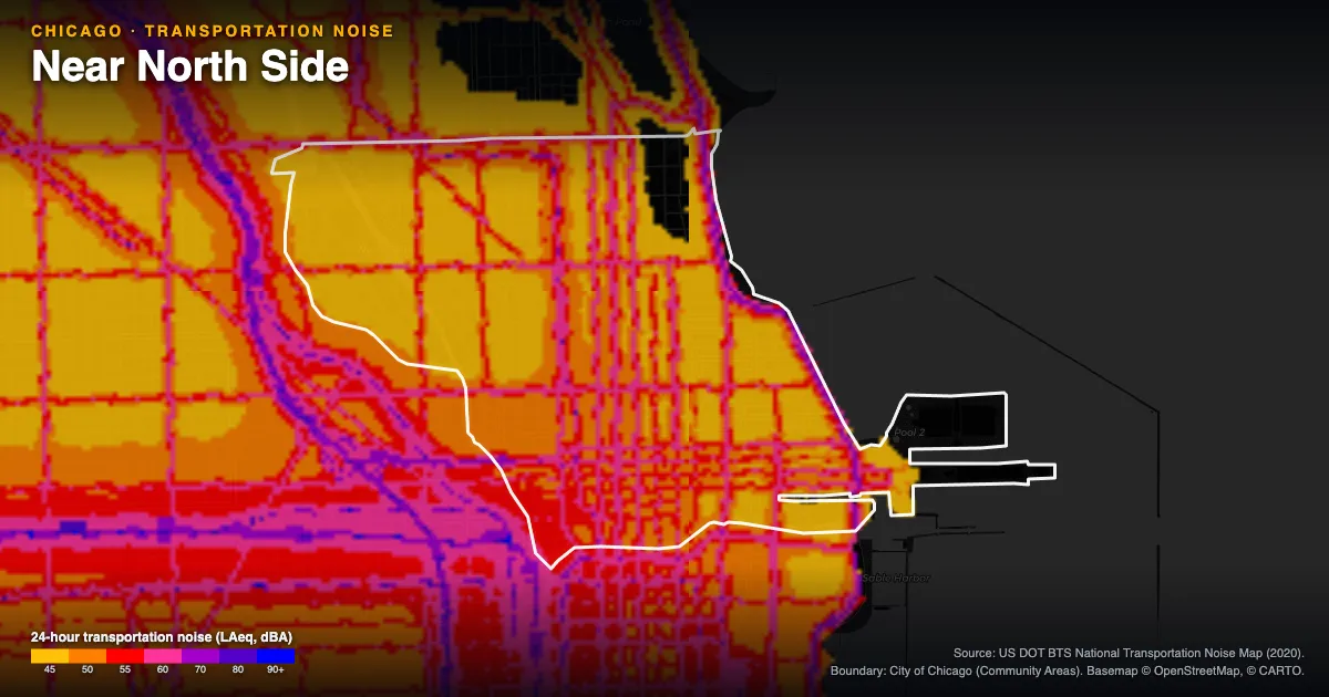 Transportation-noise map of Near North Side, Chicago: the neighborhood outlined in white over modeled road, rail and aircraft noise, colored from amber (about 45 dBA) through red and purple to blue (90 dBA and up).