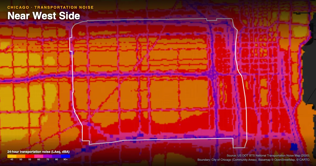 Transportation-noise map of Near West Side, Chicago: the neighborhood outlined in white over modeled road, rail and aircraft noise, colored from amber (about 45 dBA) through red and purple to blue (90 dBA and up).