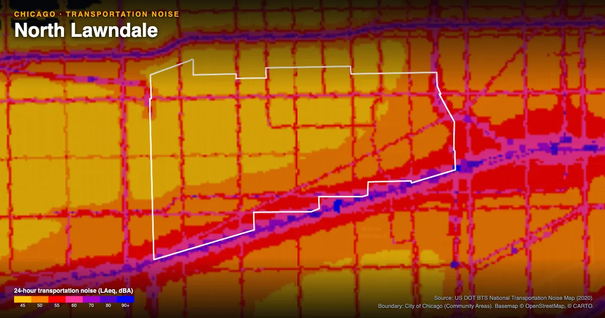 Transportation-noise map of North Lawndale, Chicago: the neighborhood outlined in white over modeled road, rail and aircraft noise, colored from amber (about 45 dBA) through red and purple to blue (90 dBA and up).