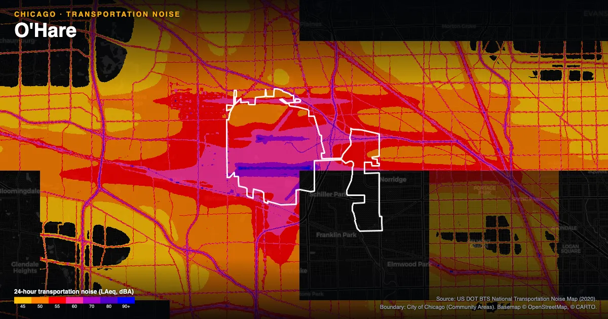 Transportation-noise map of O'Hare, Chicago: the neighborhood outlined in white over modeled road, rail and aircraft noise, colored from amber (about 45 dBA) through red and purple to blue (90 dBA and up).