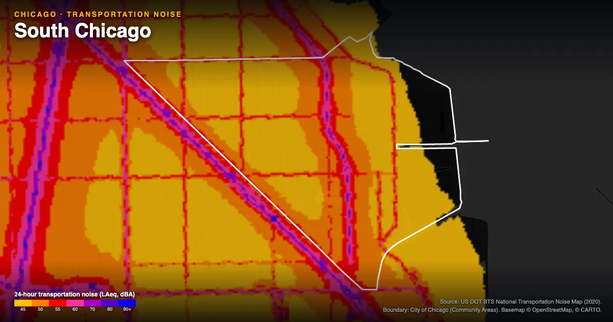 Transportation-noise map of South Chicago, Chicago: the neighborhood outlined in white over modeled road, rail and aircraft noise, colored from amber (about 45 dBA) through red and purple to blue (90 dBA and up).