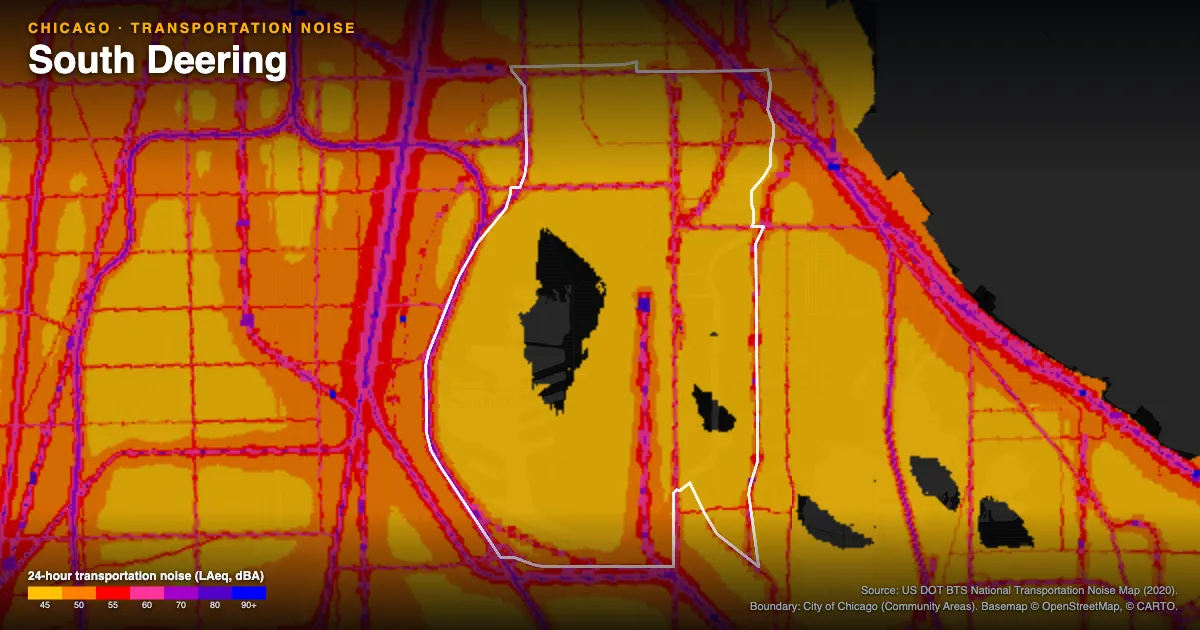 Transportation-noise map of South Deering, Chicago: the neighborhood outlined in white over modeled road, rail and aircraft noise, colored from amber (about 45 dBA) through red and purple to blue (90 dBA and up).