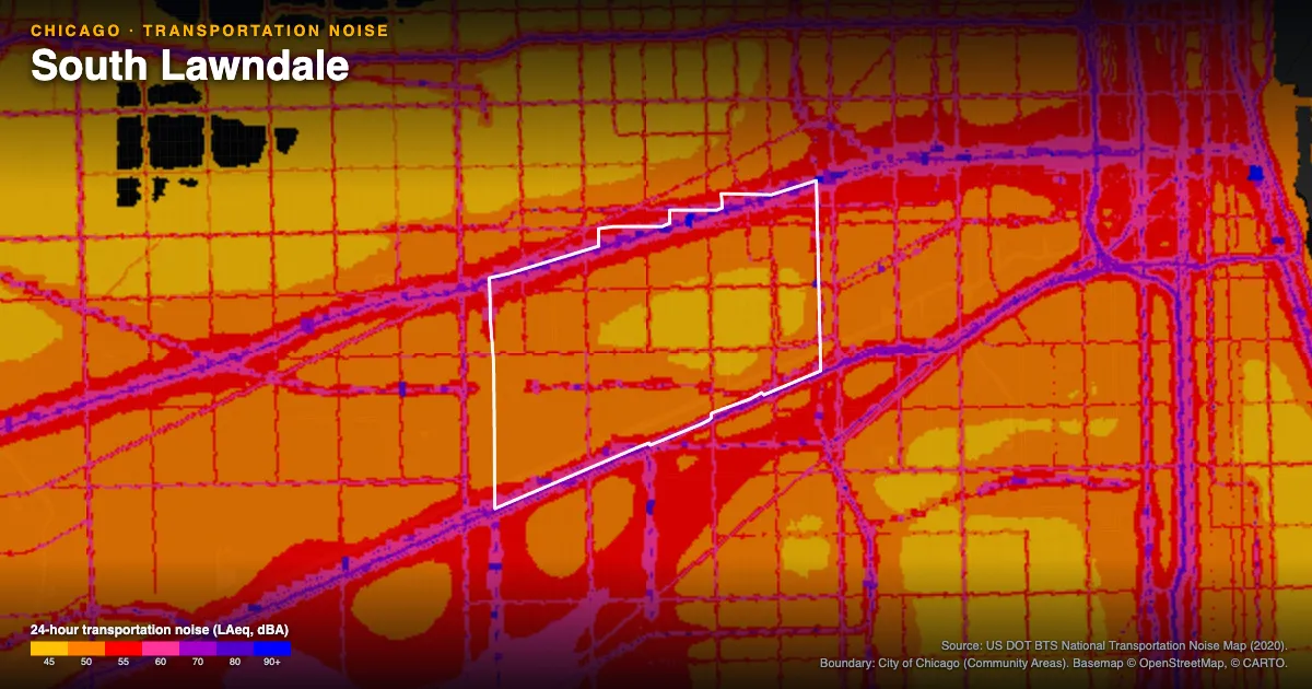 Transportation-noise map of South Lawndale, Chicago: the neighborhood outlined in white over modeled road, rail and aircraft noise, colored from amber (about 45 dBA) through red and purple to blue (90 dBA and up).