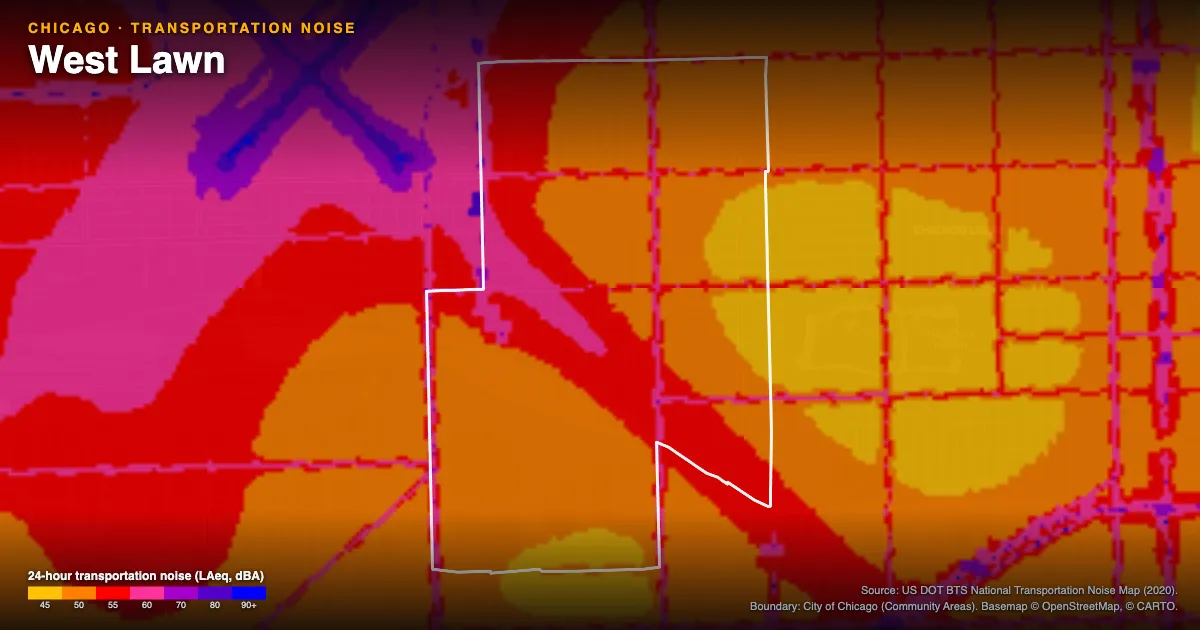 Transportation-noise map of West Lawn, Chicago: the neighborhood outlined in white over modeled road, rail and aircraft noise, colored from amber (about 45 dBA) through red and purple to blue (90 dBA and up).