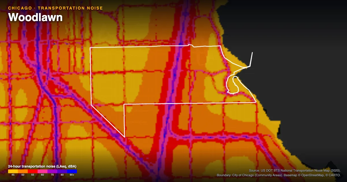 Transportation-noise map of Woodlawn, Chicago: the neighborhood outlined in white over modeled road, rail and aircraft noise, colored from amber (about 45 dBA) through red and purple to blue (90 dBA and up).