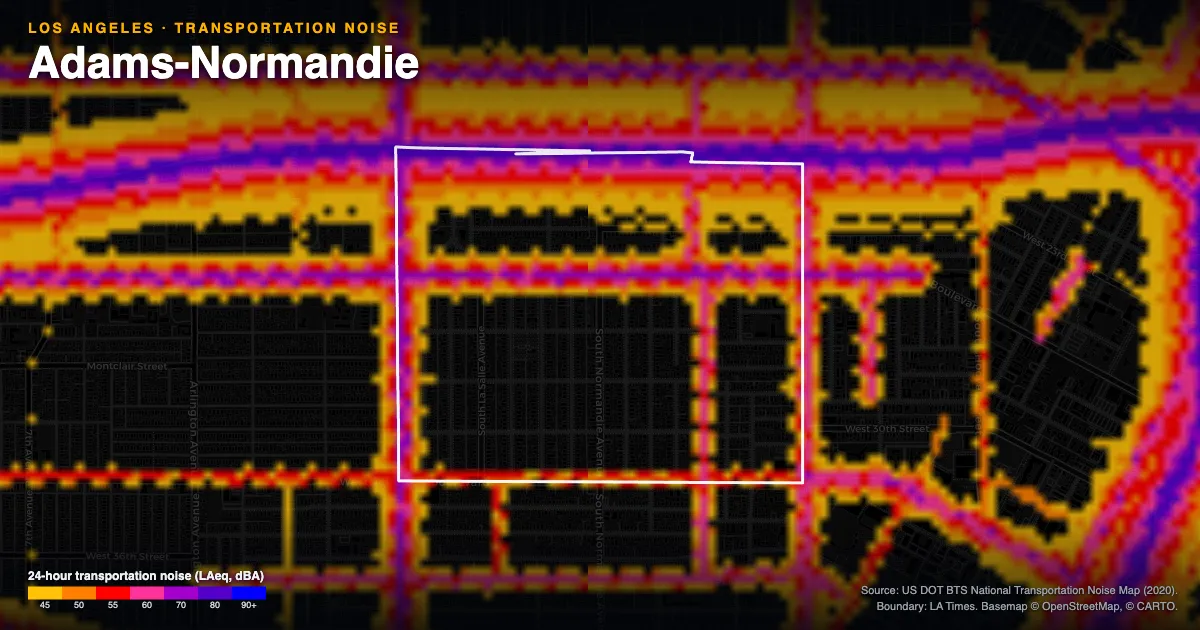 Transportation-noise map of Adams-Normandie, Los Angeles: the neighborhood outlined in white over modeled road, rail and aircraft noise, colored from amber (about 45 dBA) through red and purple to blue (90 dBA and up).