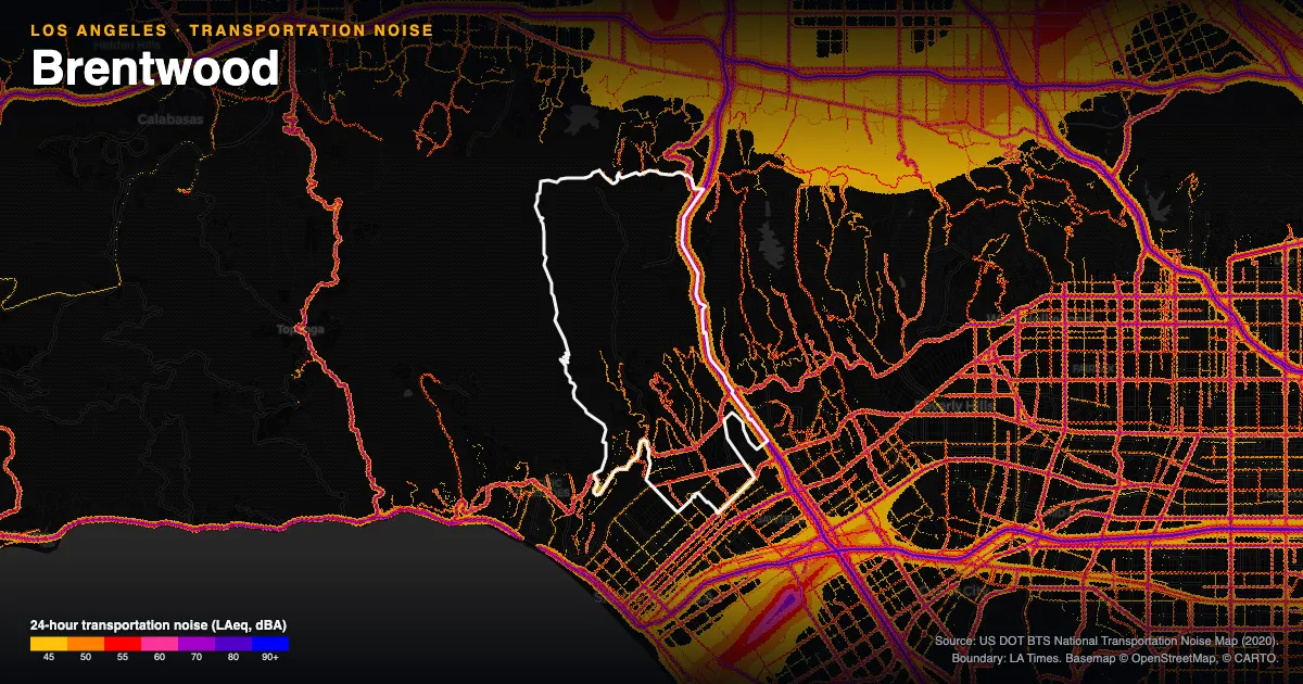 Transportation-noise map of Brentwood, Los Angeles: the neighborhood outlined in white over modeled road, rail and aircraft noise, colored from amber (about 45 dBA) through red and purple to blue (90 dBA and up).