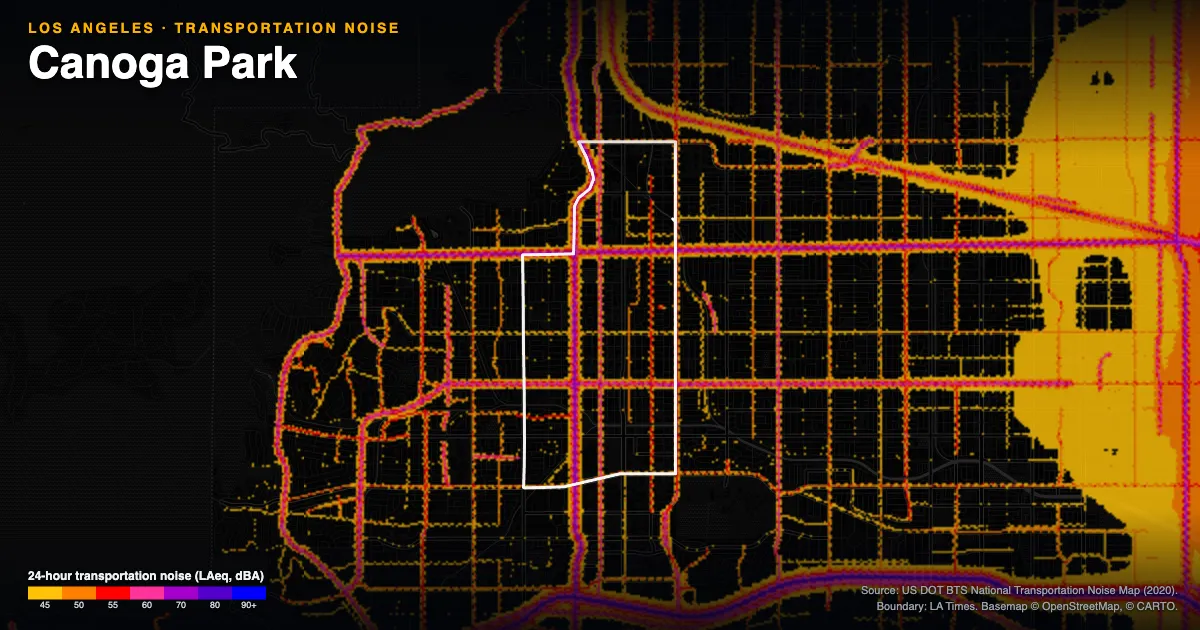Transportation-noise map of Canoga Park, Los Angeles: the neighborhood outlined in white over modeled road, rail and aircraft noise, colored from amber (about 45 dBA) through red and purple to blue (90 dBA and up).