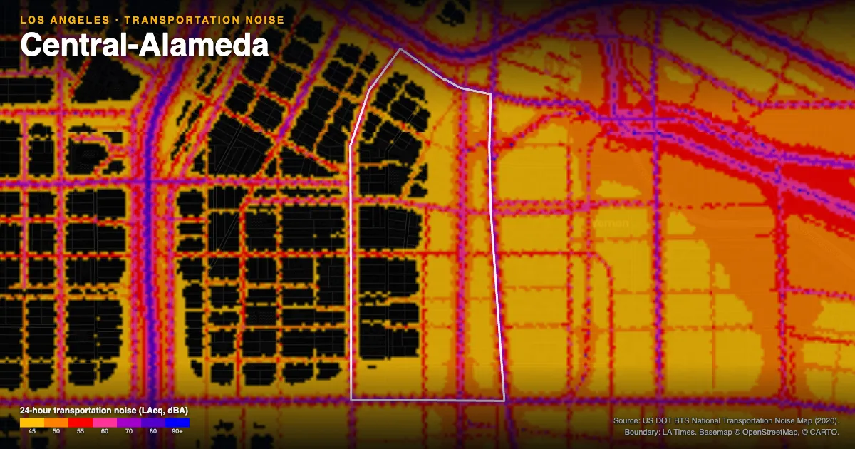 Transportation-noise map of Central-Alameda, Los Angeles: the neighborhood outlined in white over modeled road, rail and aircraft noise, colored from amber (about 45 dBA) through red and purple to blue (90 dBA and up).