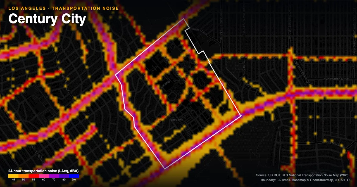 Transportation-noise map of Century City, Los Angeles: the neighborhood outlined in white over modeled road, rail and aircraft noise, colored from amber (about 45 dBA) through red and purple to blue (90 dBA and up).