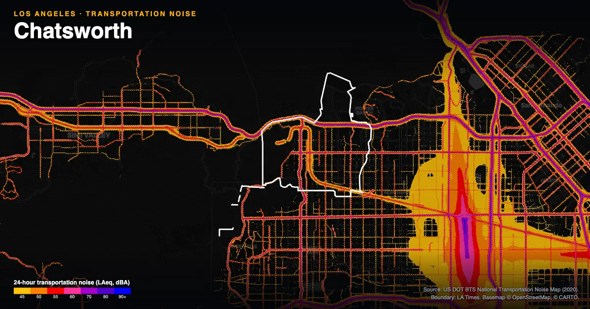 Transportation-noise map of Chatsworth, Los Angeles: the neighborhood outlined in white over modeled road, rail and aircraft noise, colored from amber (about 45 dBA) through red and purple to blue (90 dBA and up).
