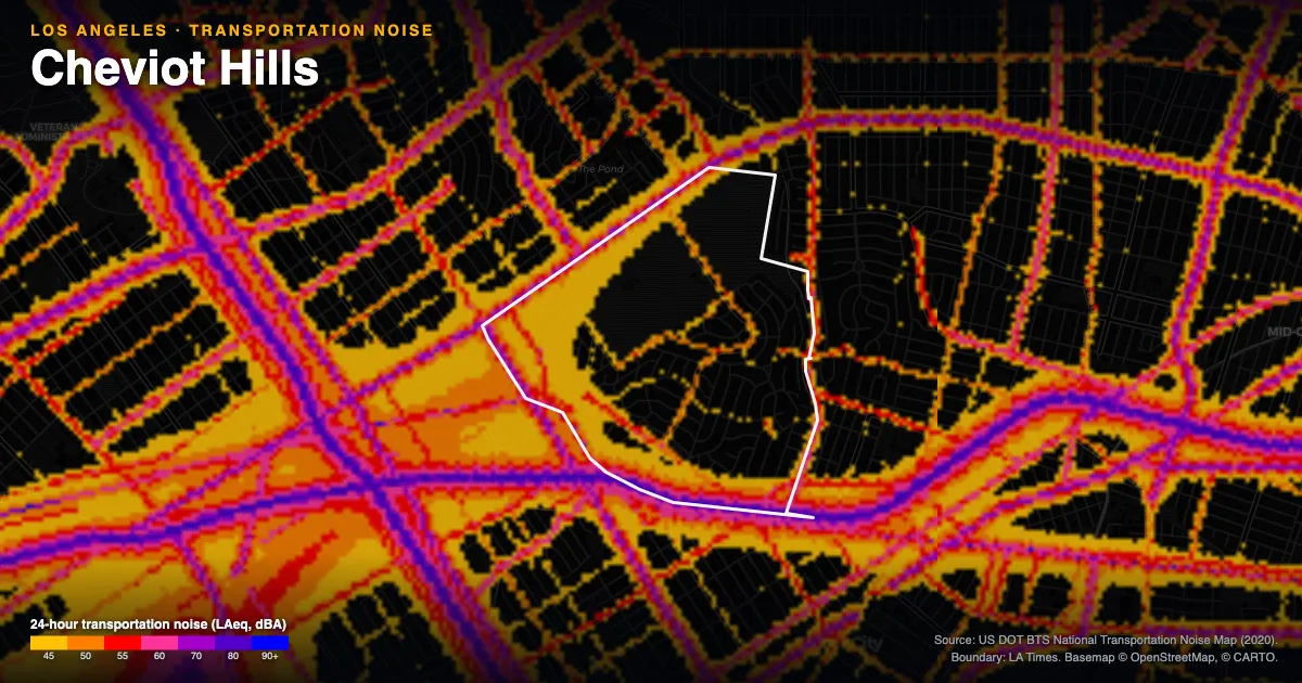 Transportation-noise map of Cheviot Hills, Los Angeles: the neighborhood outlined in white over modeled road, rail and aircraft noise, colored from amber (about 45 dBA) through red and purple to blue (90 dBA and up).