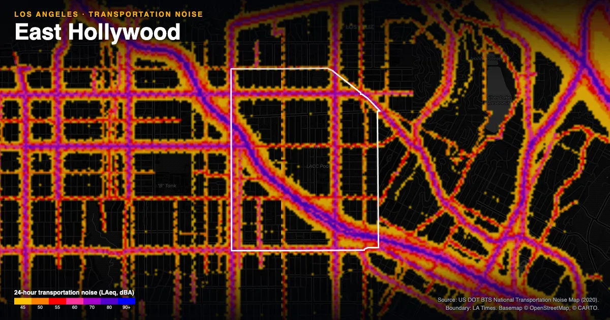 Transportation-noise map of East Hollywood, Los Angeles: the neighborhood outlined in white over modeled road, rail and aircraft noise, colored from amber (about 45 dBA) through red and purple to blue (90 dBA and up).