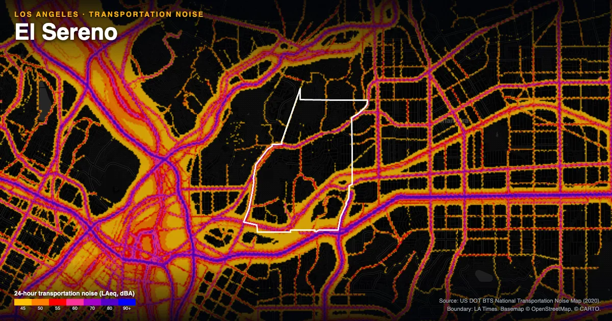 Transportation-noise map of El Sereno, Los Angeles: the neighborhood outlined in white over modeled road, rail and aircraft noise, colored from amber (about 45 dBA) through red and purple to blue (90 dBA and up).