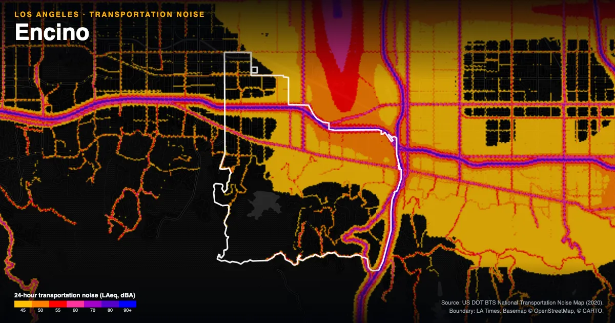 Transportation-noise map of Encino, Los Angeles: the neighborhood outlined in white over modeled road, rail and aircraft noise, colored from amber (about 45 dBA) through red and purple to blue (90 dBA and up).