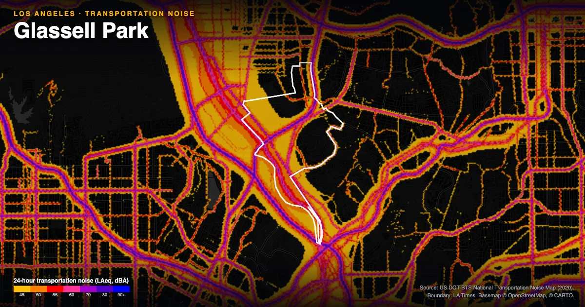 Transportation-noise map of Glassell Park, Los Angeles: the neighborhood outlined in white over modeled road, rail and aircraft noise, colored from amber (about 45 dBA) through red and purple to blue (90 dBA and up).