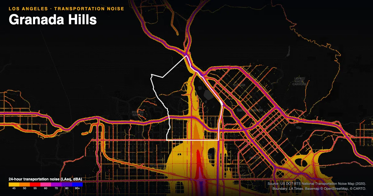 Transportation-noise map of Granada Hills, Los Angeles: the neighborhood outlined in white over modeled road, rail and aircraft noise, colored from amber (about 45 dBA) through red and purple to blue (90 dBA and up).