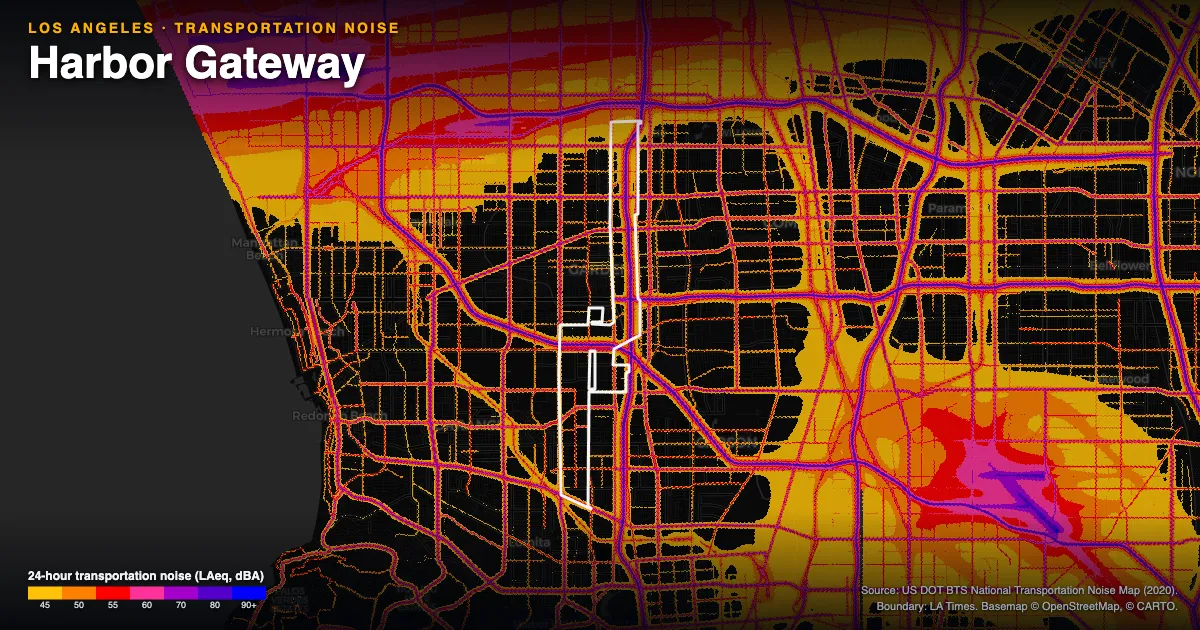 Transportation-noise map of Harbor Gateway, Los Angeles: the neighborhood outlined in white over modeled road, rail and aircraft noise, colored from amber (about 45 dBA) through red and purple to blue (90 dBA and up).