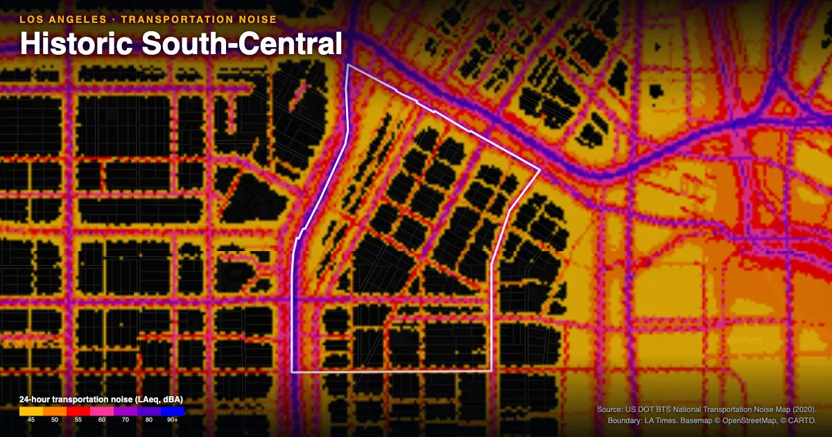 Transportation-noise map of Historic South-Central, Los Angeles: the neighborhood outlined in white over modeled road, rail and aircraft noise, colored from amber (about 45 dBA) through red and purple to blue (90 dBA and up).