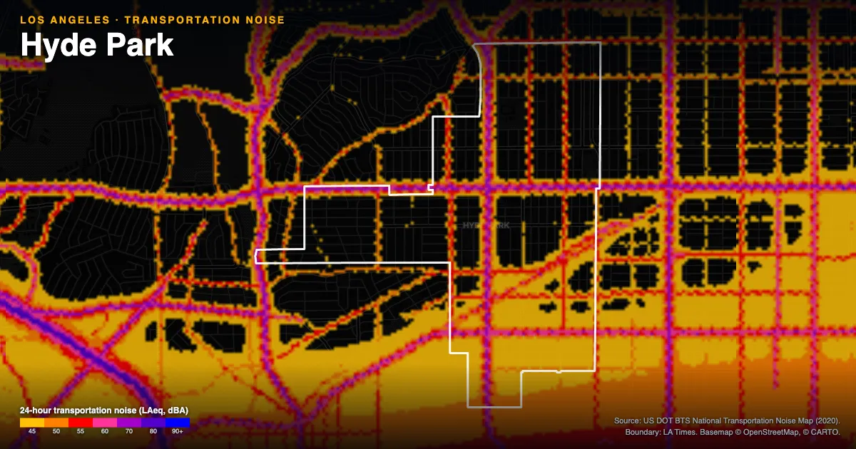 Transportation-noise map of Hyde Park, Los Angeles: the neighborhood outlined in white over modeled road, rail and aircraft noise, colored from amber (about 45 dBA) through red and purple to blue (90 dBA and up).