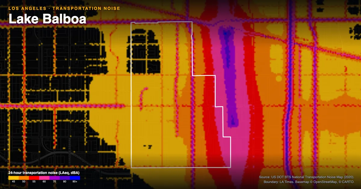 Transportation-noise map of Lake Balboa, Los Angeles: the neighborhood outlined in white over modeled road, rail and aircraft noise, colored from amber (about 45 dBA) through red and purple to blue (90 dBA and up).