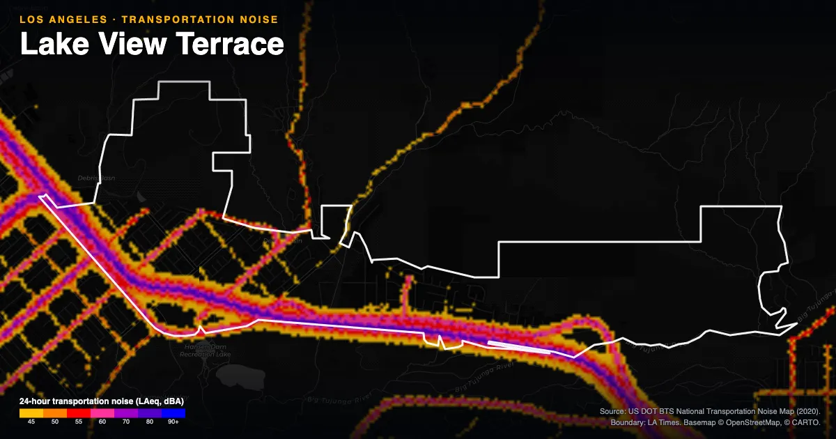 Transportation-noise map of Lake View Terrace, Los Angeles: the neighborhood outlined in white over modeled road, rail and aircraft noise, colored from amber (about 45 dBA) through red and purple to blue (90 dBA and up).