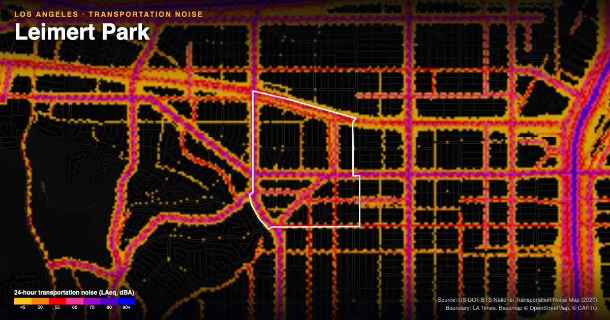 Transportation-noise map of Leimert Park, Los Angeles: the neighborhood outlined in white over modeled road, rail and aircraft noise, colored from amber (about 45 dBA) through red and purple to blue (90 dBA and up).