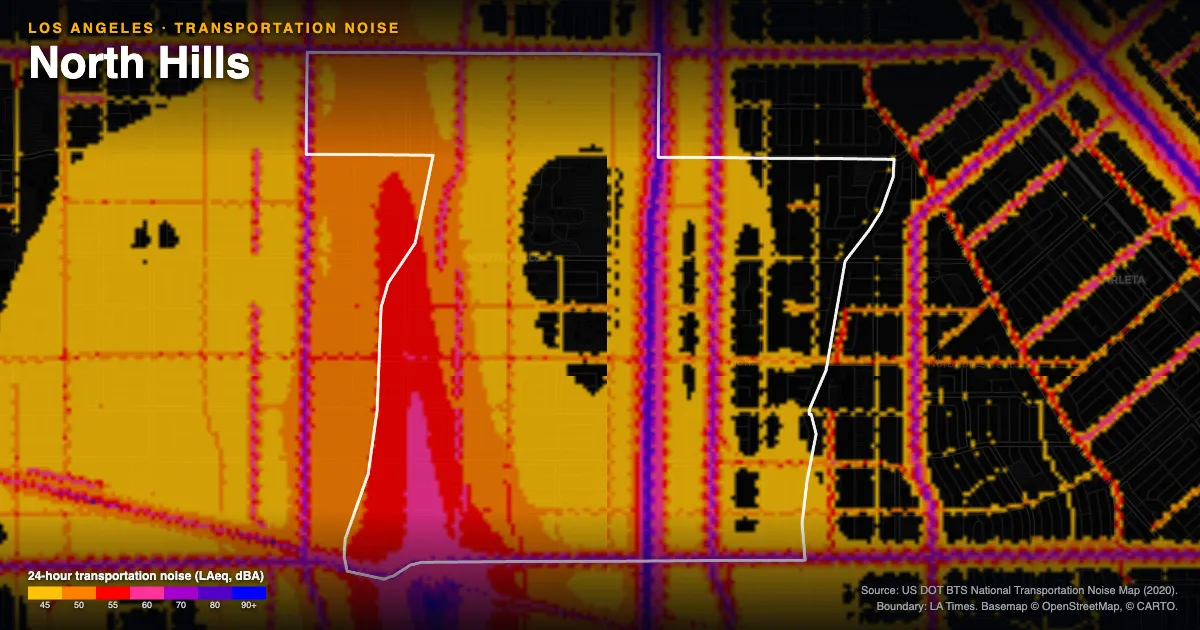 Transportation-noise map of North Hills, Los Angeles: the neighborhood outlined in white over modeled road, rail and aircraft noise, colored from amber (about 45 dBA) through red and purple to blue (90 dBA and up).