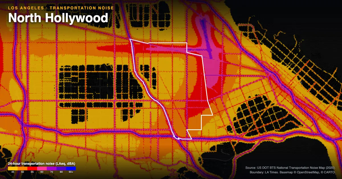 Transportation-noise map of North Hollywood, Los Angeles: the neighborhood outlined in white over modeled road, rail and aircraft noise, colored from amber (about 45 dBA) through red and purple to blue (90 dBA and up).