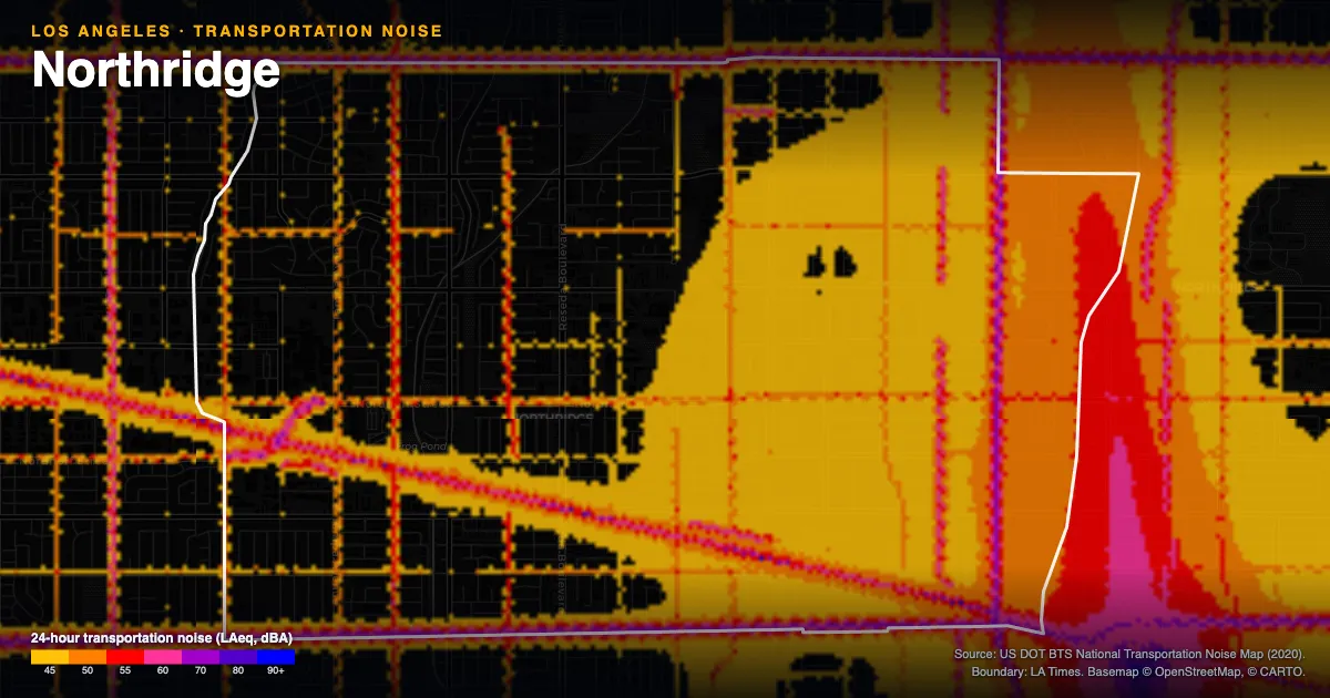 Transportation-noise map of Northridge, Los Angeles: the neighborhood outlined in white over modeled road, rail and aircraft noise, colored from amber (about 45 dBA) through red and purple to blue (90 dBA and up).