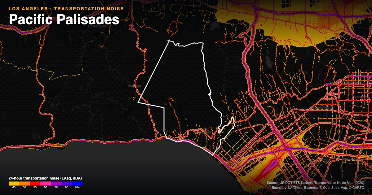 Transportation-noise map of Pacific Palisades, Los Angeles: the neighborhood outlined in white over modeled road, rail and aircraft noise, colored from amber (about 45 dBA) through red and purple to blue (90 dBA and up).