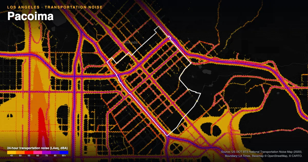 Transportation-noise map of Pacoima, Los Angeles: the neighborhood outlined in white over modeled road, rail and aircraft noise, colored from amber (about 45 dBA) through red and purple to blue (90 dBA and up).