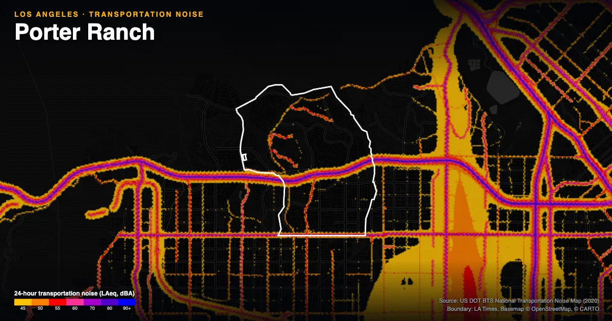 Transportation-noise map of Porter Ranch, Los Angeles: the neighborhood outlined in white over modeled road, rail and aircraft noise, colored from amber (about 45 dBA) through red and purple to blue (90 dBA and up).