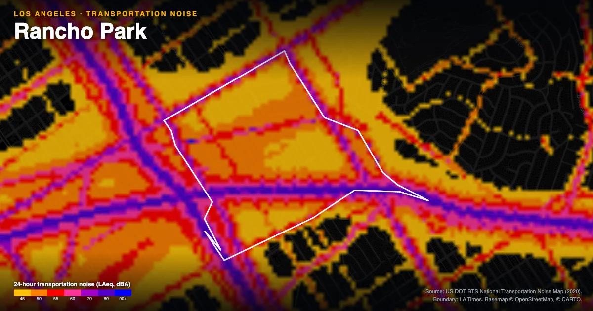 Transportation-noise map of Rancho Park, Los Angeles: the neighborhood outlined in white over modeled road, rail and aircraft noise, colored from amber (about 45 dBA) through red and purple to blue (90 dBA and up).