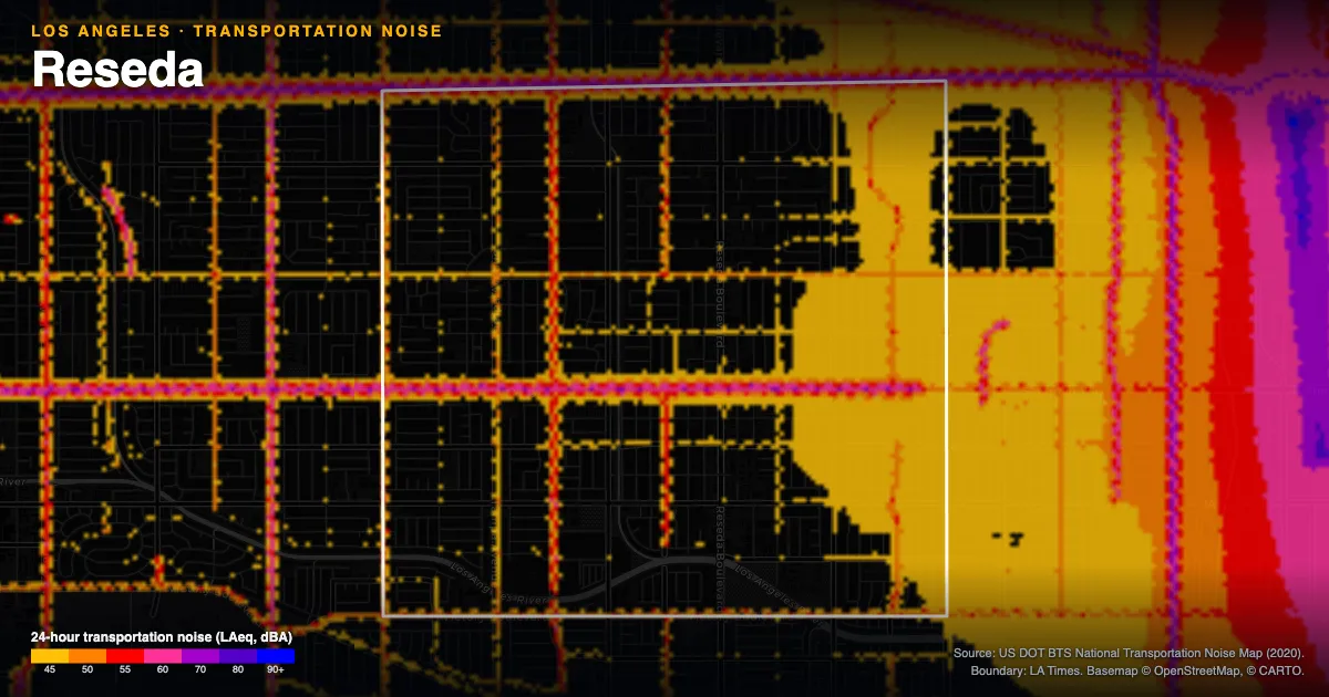 Transportation-noise map of Reseda, Los Angeles: the neighborhood outlined in white over modeled road, rail and aircraft noise, colored from amber (about 45 dBA) through red and purple to blue (90 dBA and up).