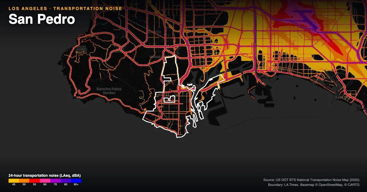 Transportation-noise map of San Pedro, Los Angeles: the neighborhood outlined in white over modeled road, rail and aircraft noise, colored from amber (about 45 dBA) through red and purple to blue (90 dBA and up).