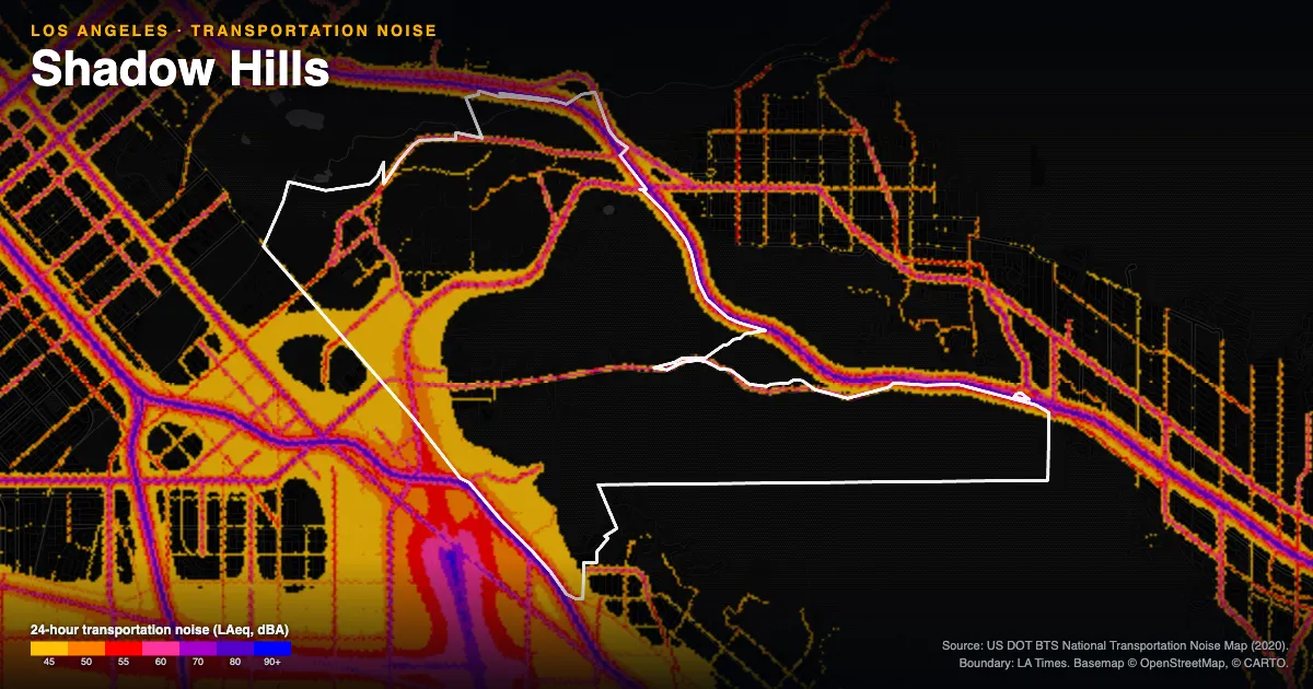 Transportation-noise map of Shadow Hills, Los Angeles: the neighborhood outlined in white over modeled road, rail and aircraft noise, colored from amber (about 45 dBA) through red and purple to blue (90 dBA and up).