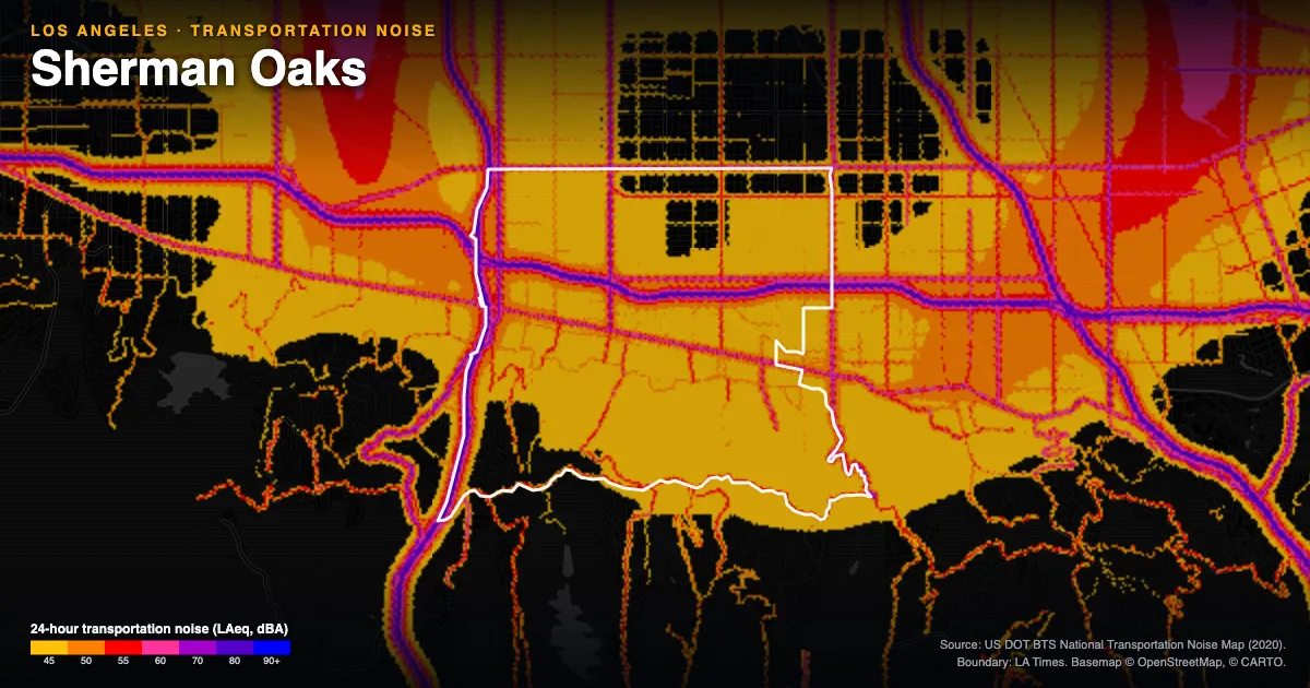 Transportation-noise map of Sherman Oaks, Los Angeles: the neighborhood outlined in white over modeled road, rail and aircraft noise, colored from amber (about 45 dBA) through red and purple to blue (90 dBA and up).
