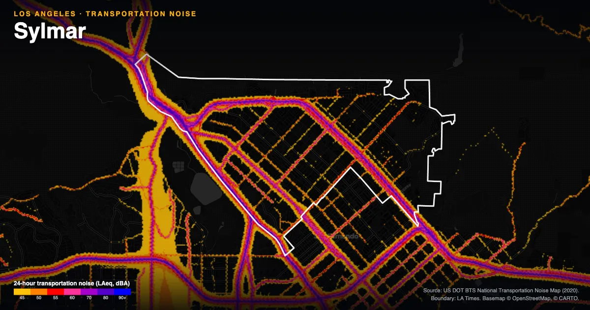 Transportation-noise map of Sylmar, Los Angeles: the neighborhood outlined in white over modeled road, rail and aircraft noise, colored from amber (about 45 dBA) through red and purple to blue (90 dBA and up).