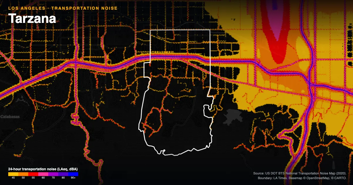 Transportation-noise map of Tarzana, Los Angeles: the neighborhood outlined in white over modeled road, rail and aircraft noise, colored from amber (about 45 dBA) through red and purple to blue (90 dBA and up).