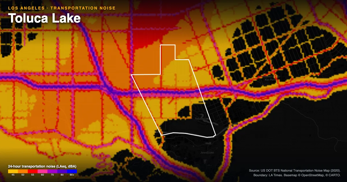 Transportation-noise map of Toluca Lake, Los Angeles: the neighborhood outlined in white over modeled road, rail and aircraft noise, colored from amber (about 45 dBA) through red and purple to blue (90 dBA and up).