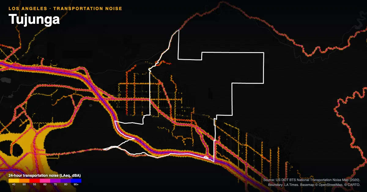 Transportation-noise map of Tujunga, Los Angeles: the neighborhood outlined in white over modeled road, rail and aircraft noise, colored from amber (about 45 dBA) through red and purple to blue (90 dBA and up).