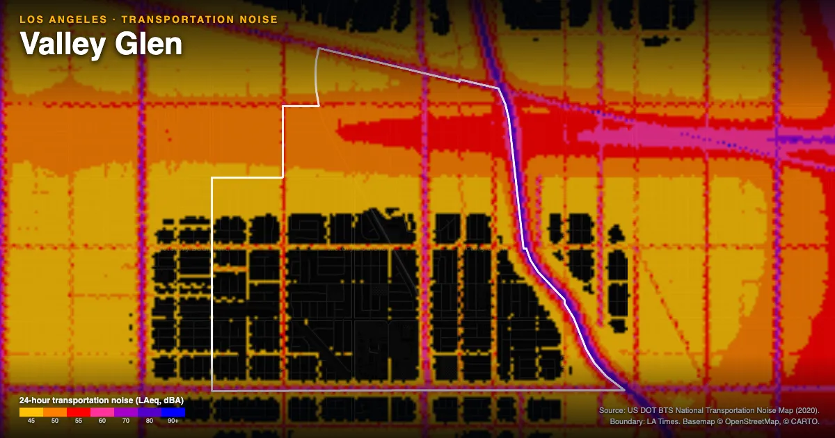Transportation-noise map of Valley Glen, Los Angeles: the neighborhood outlined in white over modeled road, rail and aircraft noise, colored from amber (about 45 dBA) through red and purple to blue (90 dBA and up).