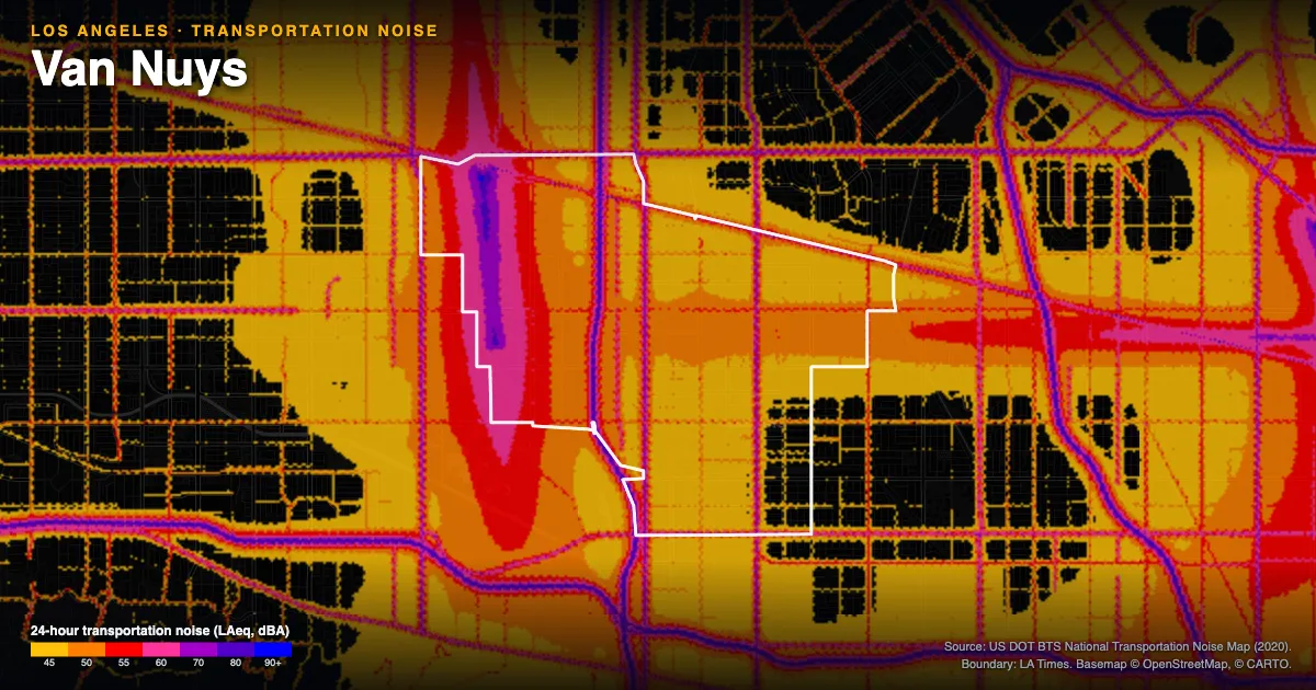 Transportation-noise map of Van Nuys, Los Angeles: the neighborhood outlined in white over modeled road, rail and aircraft noise, colored from amber (about 45 dBA) through red and purple to blue (90 dBA and up).